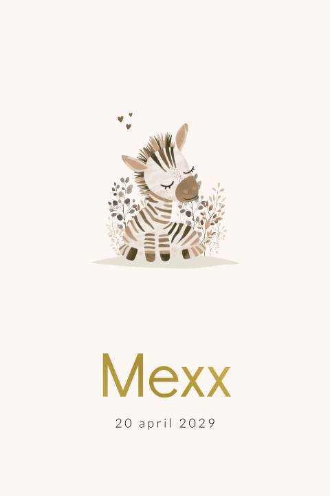 Unisex geboortekaartje met zebra en foliedruk