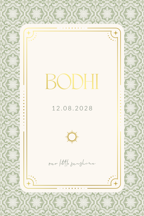 Boho unisex geboortekaartje met mediterraans patroon en foliedruk