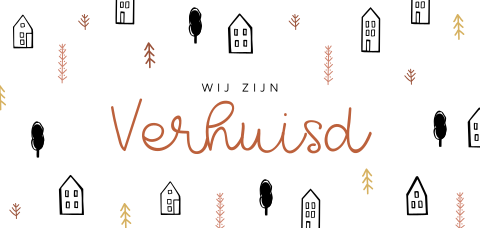Vrolijke verhuiskaart met huisjes patroon en sierlijke letters