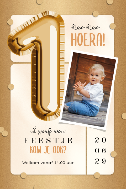 Uitnodiging kinderfeestje 1 jaar met ballon en foto