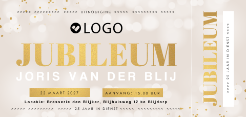 Feestelijke ticket uitnodiging werkjubileum met goudlook