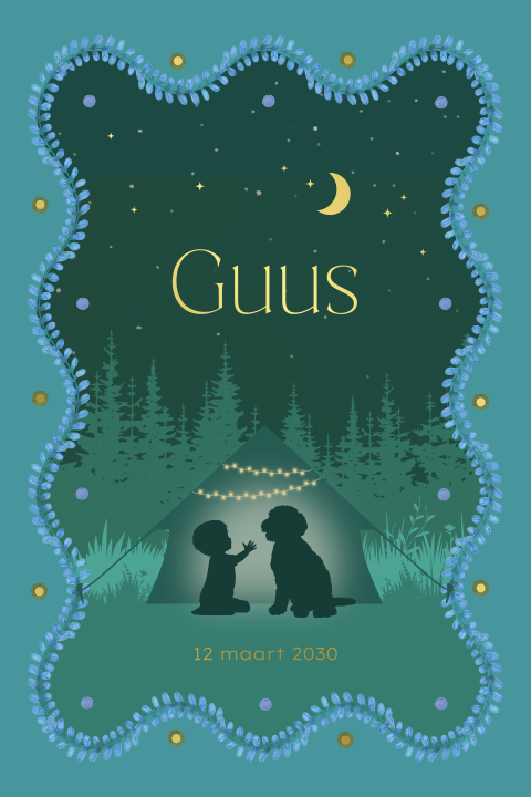 Boho eclectic geboortekaartje jongen met silhouet jongen en hond