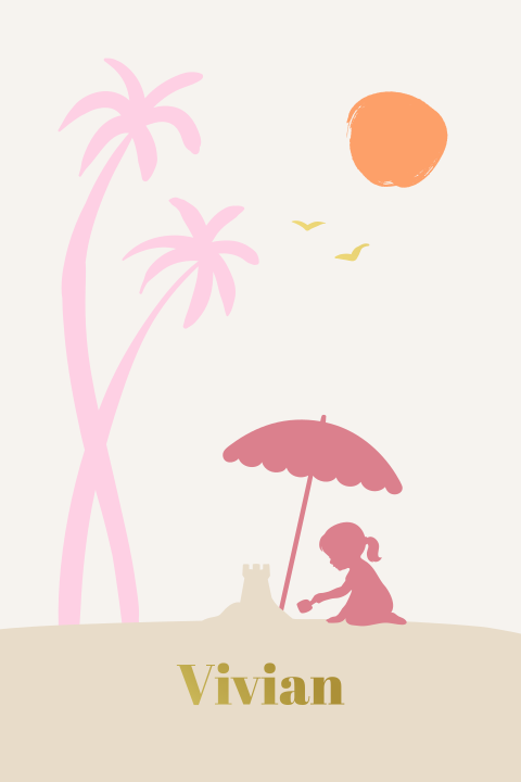 Luxe silhouet geboortekaartje met meisje op het strand