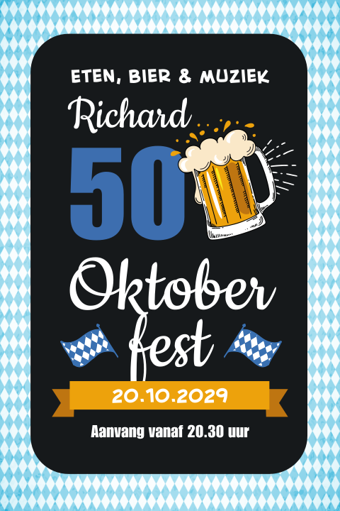 Abraham uitnodiging 50 jaar in Oktoberfest thema met bierpul