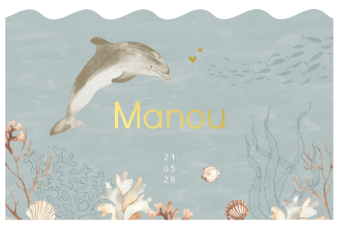 Aparte vorm geboortekaartje jongen met golf, dolfijn en foliedruk