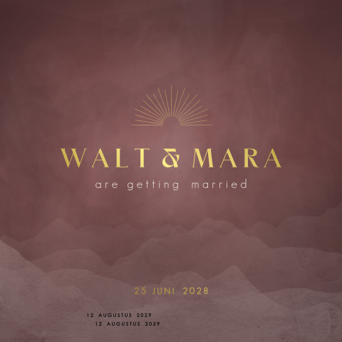 Een trendy trouwkaart met aquarel landschap en echt goudfolie