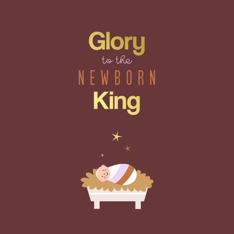 Hippe christelijke kerstkaart newborn king in kribbe met goudfolie