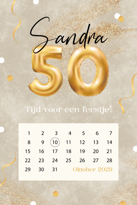 Sarah goudlook 50 jaar uitnodiging met kalender en cijfer ballon