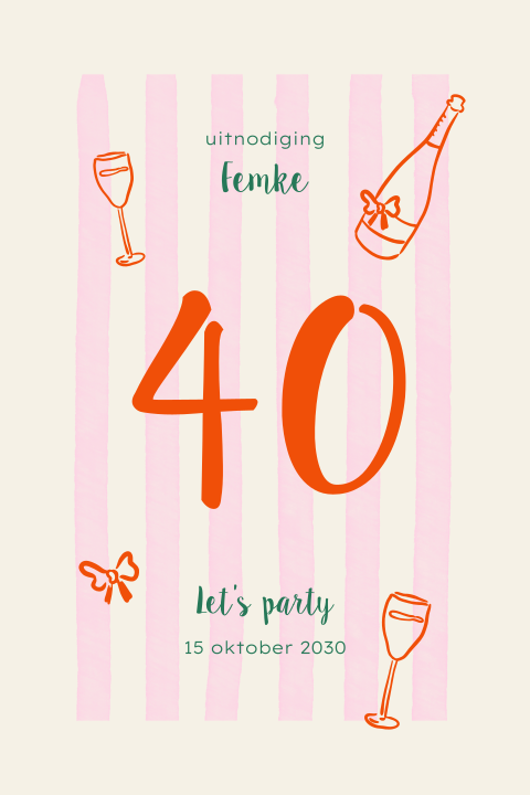 Vrolijke verjaardag uitnodiging 40 jaar met strepen en champagne