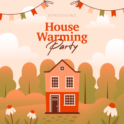 Uitnodiging housewarming met huisje in bos met vlaggenslingers