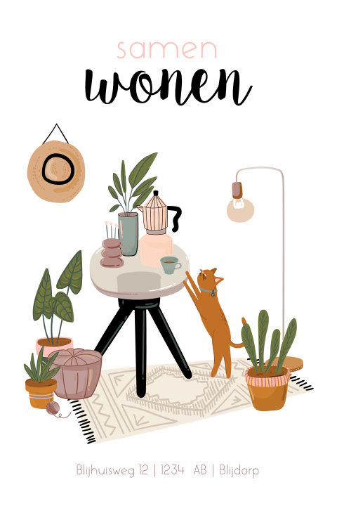Samenwonen verhuisbericht met illustratie van meubels met planten