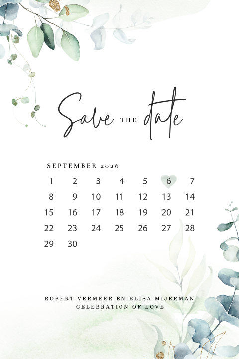 Save the Date kaart Aquarel Eucalyptus met kalender