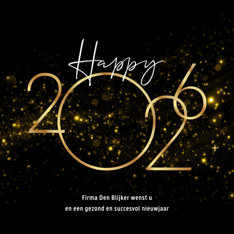 Zakelijke nieuwjaarskaart happy 2026 met goudlook en glitters
