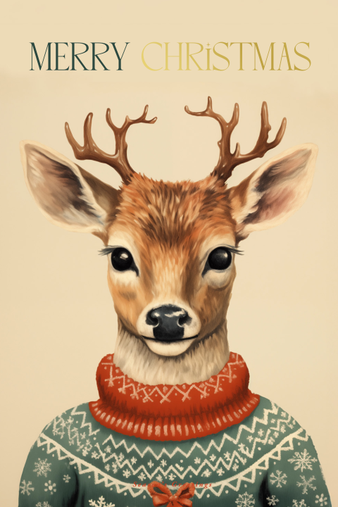 Vintage kerstkaart van een rendier in een kersttrui