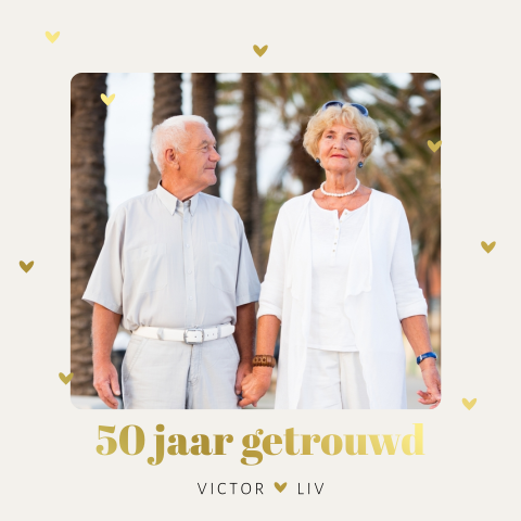 Uitnodiging 50 jarig huwelijksjubileum met foto en hartjes