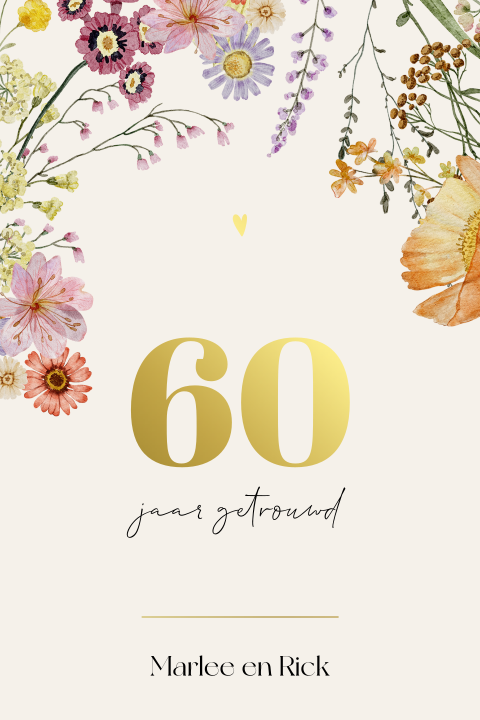 60 jaar getrouwd jubileumuitnodiging met bloemen en goudfolie