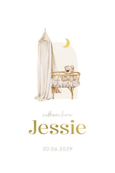 Geboortekaartje aparte vorm unisex met wieg, beertje en foliedruk