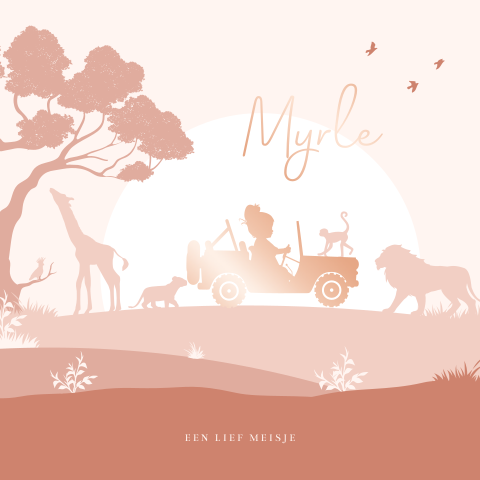 Jungle silhouet kaartje meisje in safari jeep met luxe rosefolie