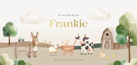 Boerderij geboortekaartje voor een jongen of meisje met foliedruk