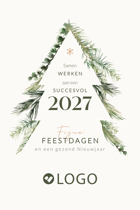 Zakelijke kerstkaart met kerstboom kader, dennentakken en logo