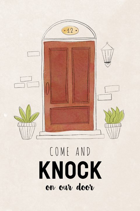 "Come and knock on our door" verhuiskaart met illustratie van voordeur