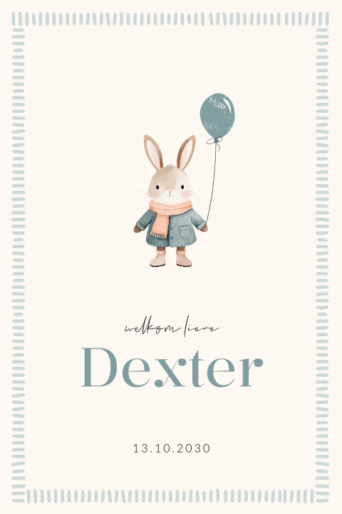 Lief geboortekaartje met konijn en ballon voor een jongen