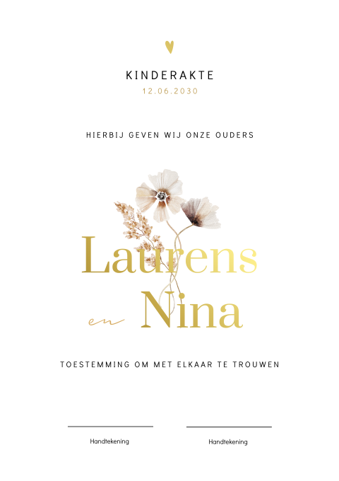 Kinderakte rustig met bloemen en goudfolie