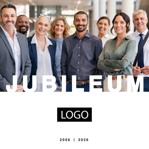 Moderne zakelijke jubileumkaart met eigen foto en logo
