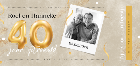 Feestelijke ticket 40 jaar getrouwd uitnodiging met foto