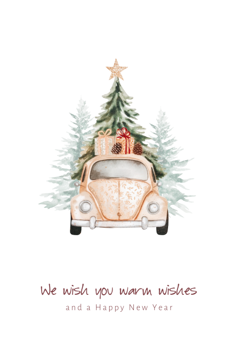 Kerstkaart met auto en kerstboom