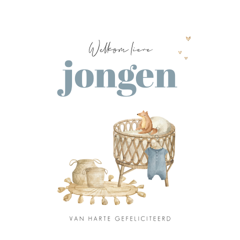 "Hoera een jongen" felicitatiekaart geboorte zoon met rotan wieg