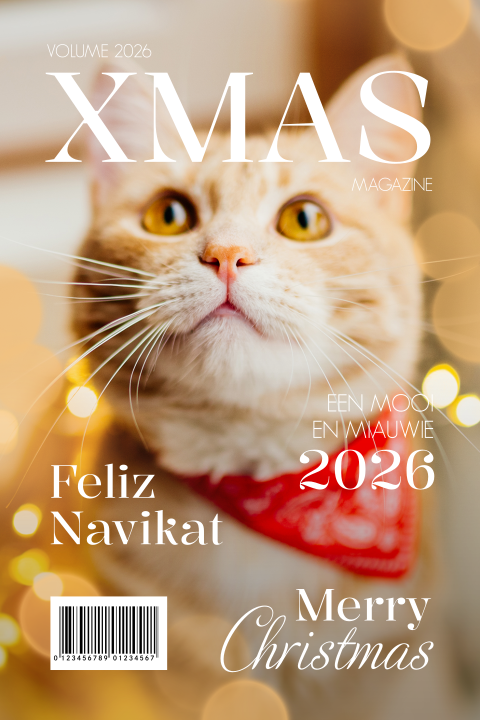 Kat kerstkaart in de stijl van een magazine