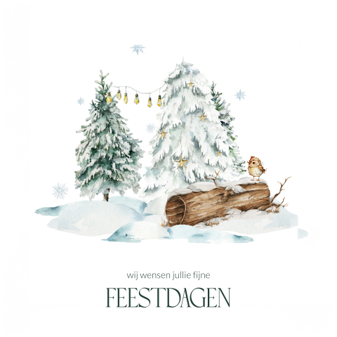 Winterlandschap kerstkaart met een vogeltje en bomen