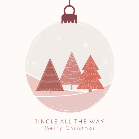 Hippe kerstkaart met kerstbal en kerstbomen in trendy kleuren