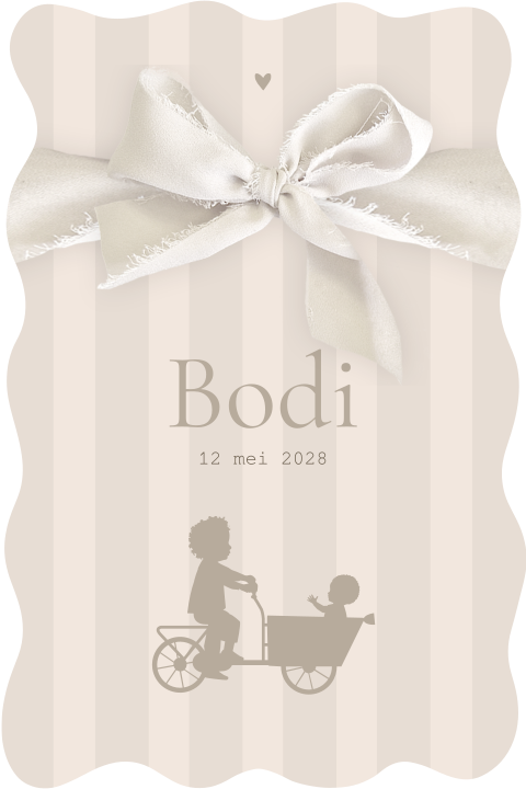 Golvend geboortekaartje met silhouet broertje en zusje met echte strik