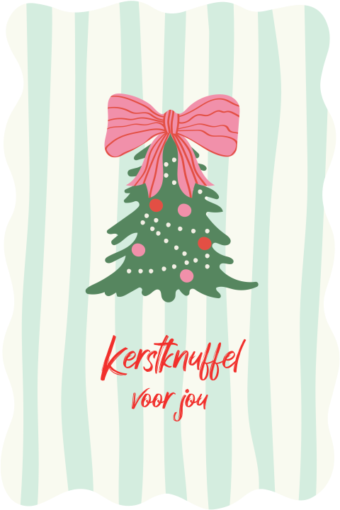 Hippe kerstkaart met strepen, kerstboom met strik en golvende rand