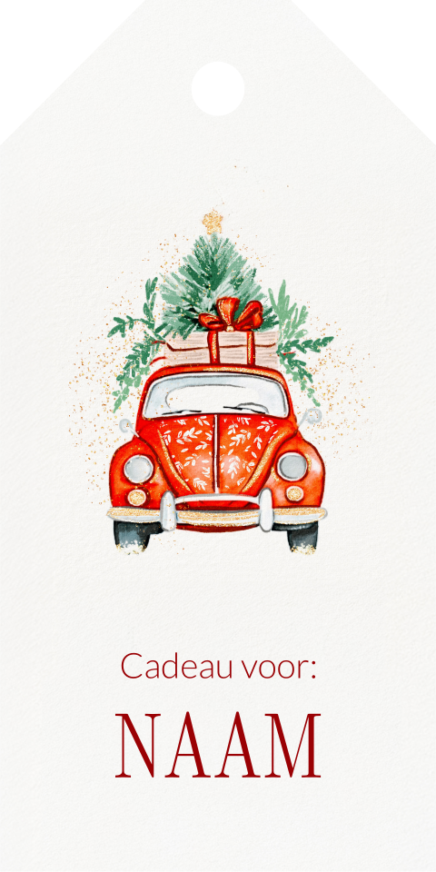 Sprankelend kerst label met auto en kerstboom (per 18 stuks)