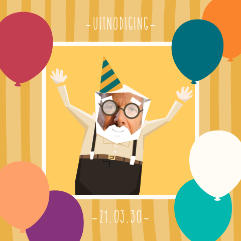 Grappige uitnodiging verjaardag met ballonnen en oude man