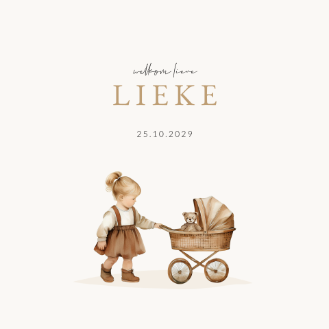 Lief geboortekaartje voor een meisje met poppenwagen en teddybeer