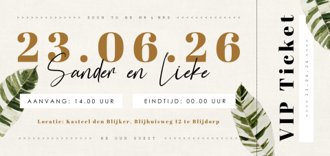 Botanische ticket trouwkaart met linnenlook