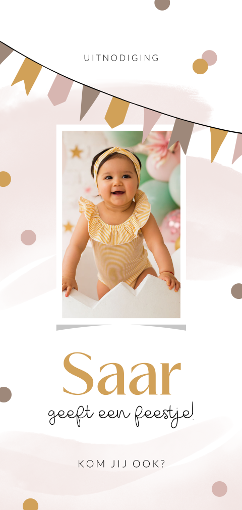 Hip verjaardagskaartje met aquarel, slingers, confetti en foto