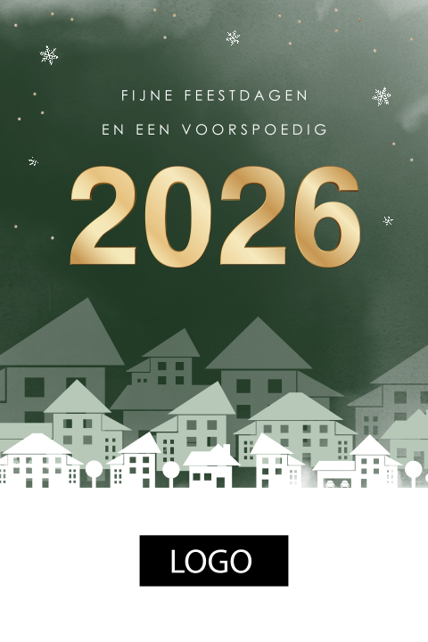Zakelijke kerstkaart met huisjes, jaartal en logo