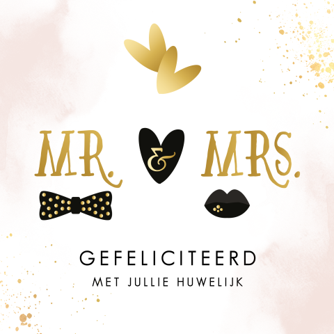 Mr en mrs felicitatiekaart huwelijk met aquarel en hartjes