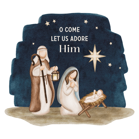 Christelijke kerstkaart met Jozef, Maria en kindje Jezus
