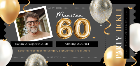 60 jaar verjaardagfeest uitnodiging met party ticket met ballonnen