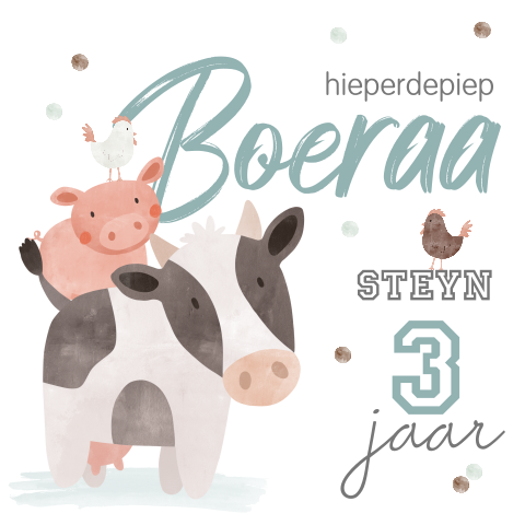 Boeraa verjaardagskaart met koe, varken, haan en confetti
