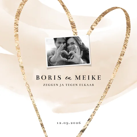 Foto trouwkaart met aquarel en een gouden hart