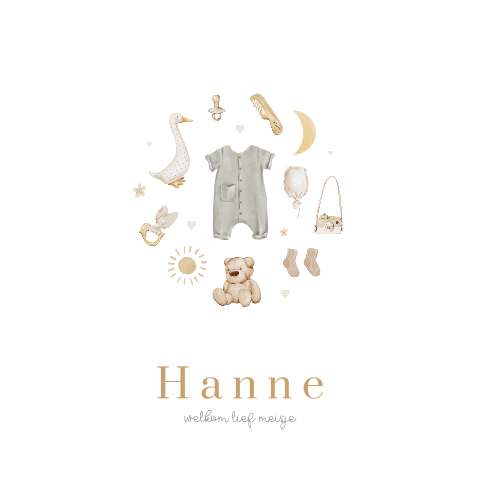 Meisje geboortekaartje met boxpakje, teddybeer, hartjes, zon en maan