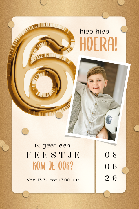 Jongen kinderfeestje uitnodiging met goudlook, confetti en foto