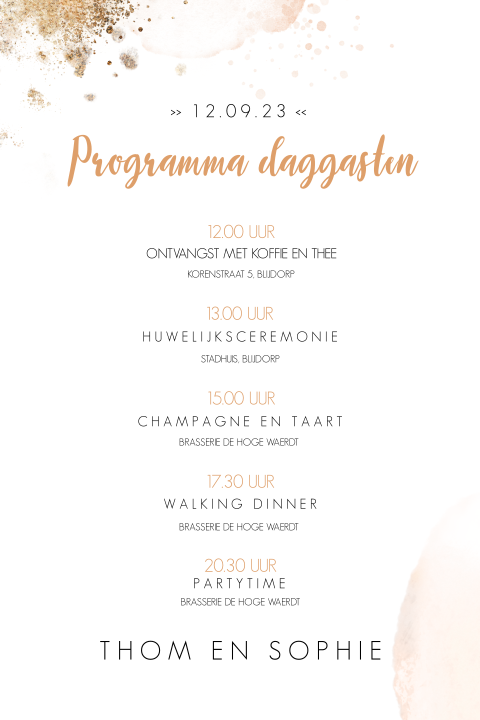 Dagprogramma kaartje "Stijlvol Koper" met aquarel en spetters